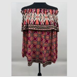 Chicos Top Women Large Pink Orange Brown Off The Shoulder Stretch Geometric